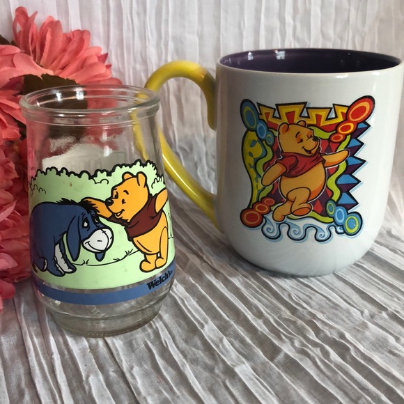 WALT DISNEY WORLD ceramic Winnie the Pooh mug & glass WELCHES drinking OJ glass - Picture 1 of 9